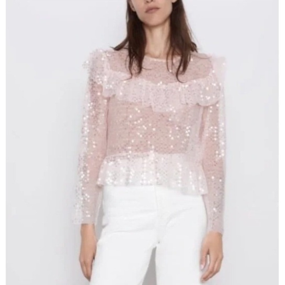 ZARA Pink Sequin Ruffle Sheer Long Sleeve Top Blouse Party Occasion M‎